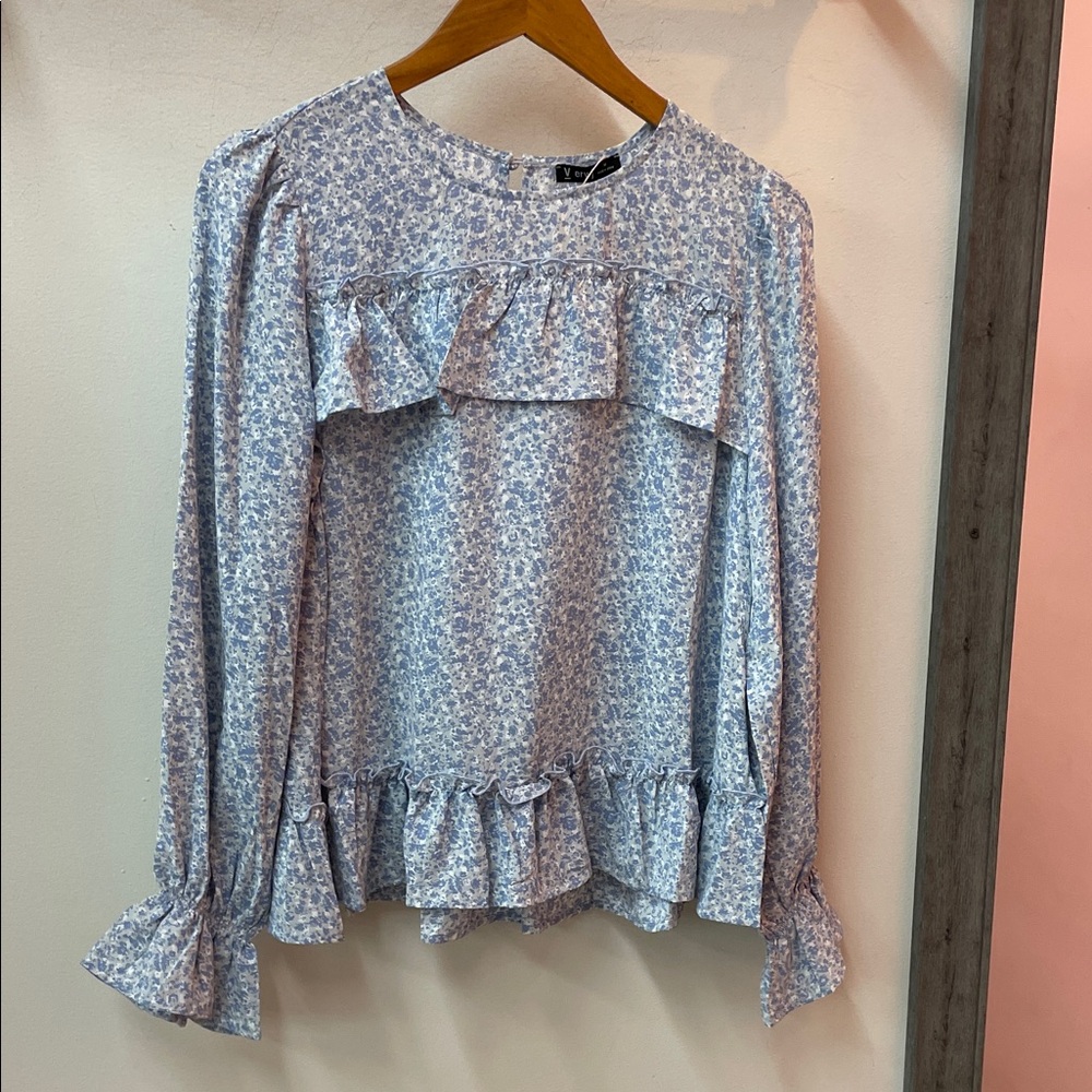 Very J Blue Floral Ruffle Blouse